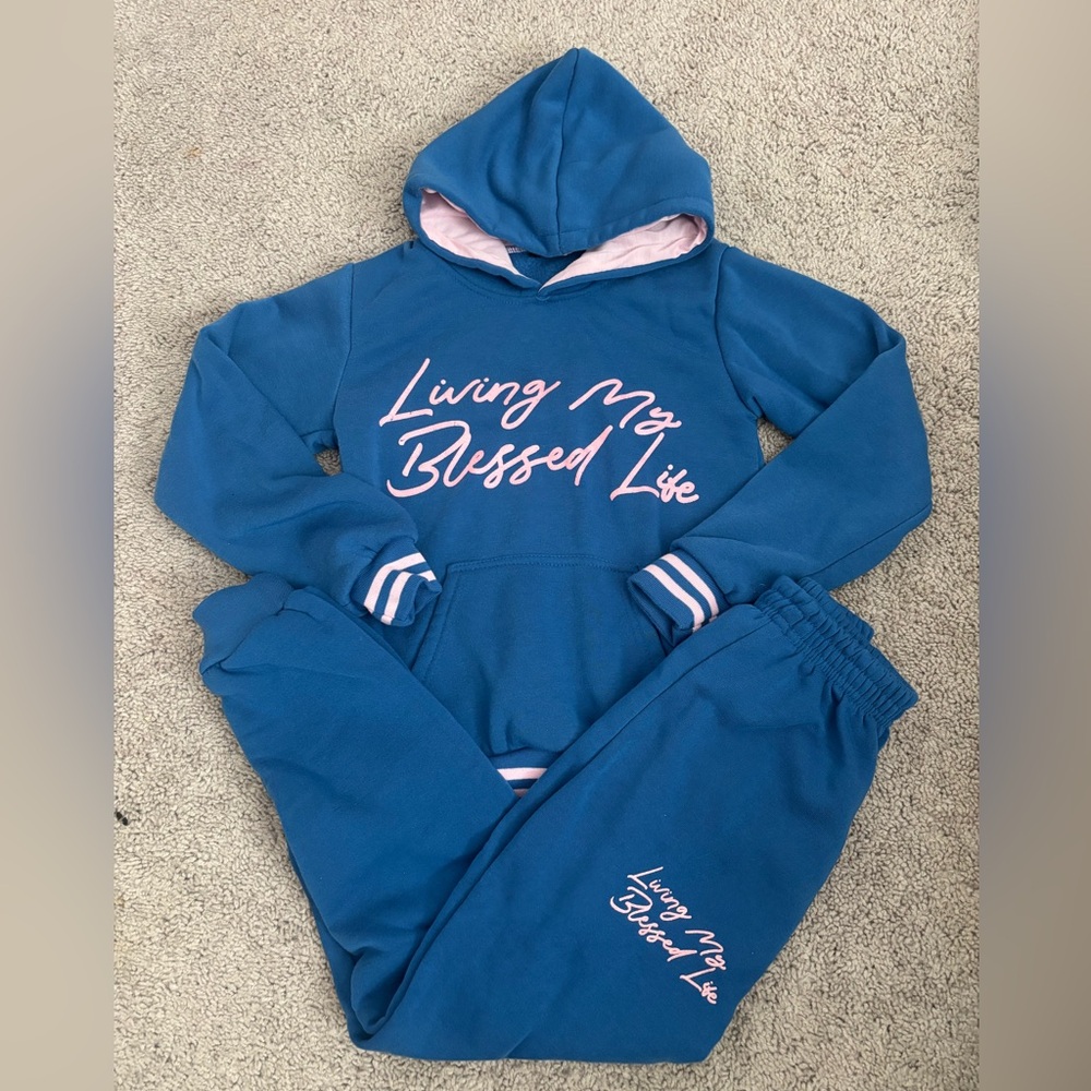 Blue Hoodie and Sweatpants Set with Pink Lettering